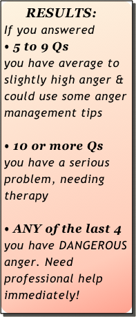     RESULTS:
If you answered 
• 5 to 9 Qs 
you have average to slightly high anger & could use some anger
management tips
 
• 10 or more Qs 
you have a serious problem, needing therapy 

• ANY of the last 4 
you have DANGEROUS anger. Need professional help immediately!