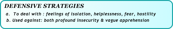 DEFENSIVE STRATEGIES
  a.  To deal with : feelings of isolation, helplessness, fear, hostility
   b. Used against: both profound insecurity & vague apprehension