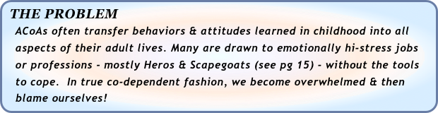 THE PROBLEM
   ACoAs often transfer behaviors & attitudes learned in childhood into all 
   aspects of their adult lives. Many are drawn to emotionally hi-stress jobs 
   or professions - mostly Heros & Scapegoats (see pg 15) - without the tools 
   to cope.  In true co-dependent fashion, we become overwhelmed & then 
   blame ourselves!